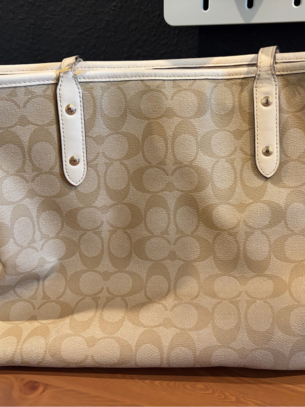 Coach Tan Signature Canvas Tote with Cream Trim khaki tote bag authentic USED - Picture 6 of 15